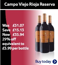 Campo Viejo Rioja Reserva Was £51.07 Save £15.13 Now £35.94 29% off equivalent to £5.99 per bottle