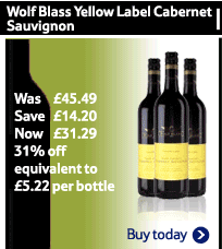 Wolf Blass Yellow label Cabernet Sauvignon Was £45.49 Save £14.20 Now £31.29 31% off equivalent to £5.22 per bottle