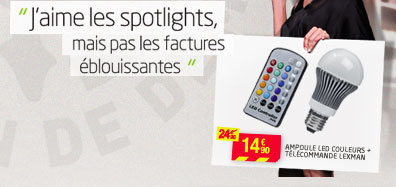 J'aime les spotlighs mais pas les factures éblouissantes. 14€90 Ampoule LED couleurs + Télécommande Lexman